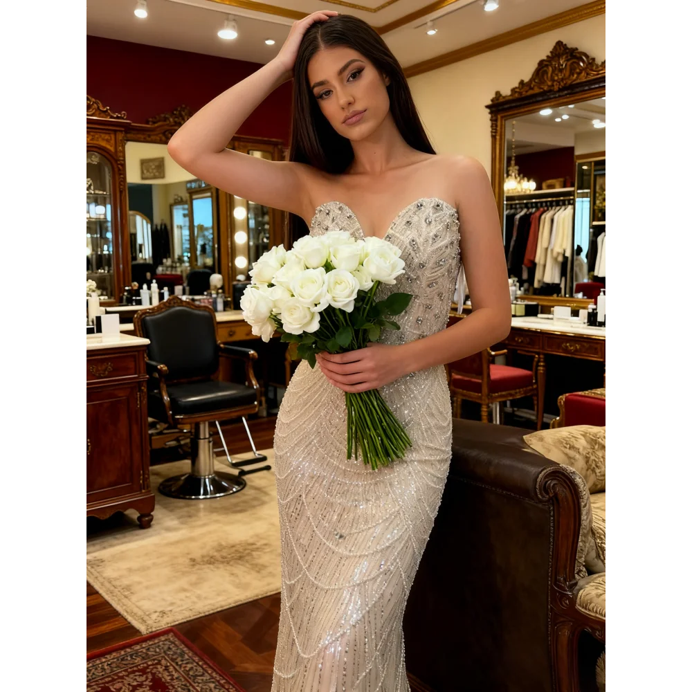 Vestido Sirena Marfil con Plumas