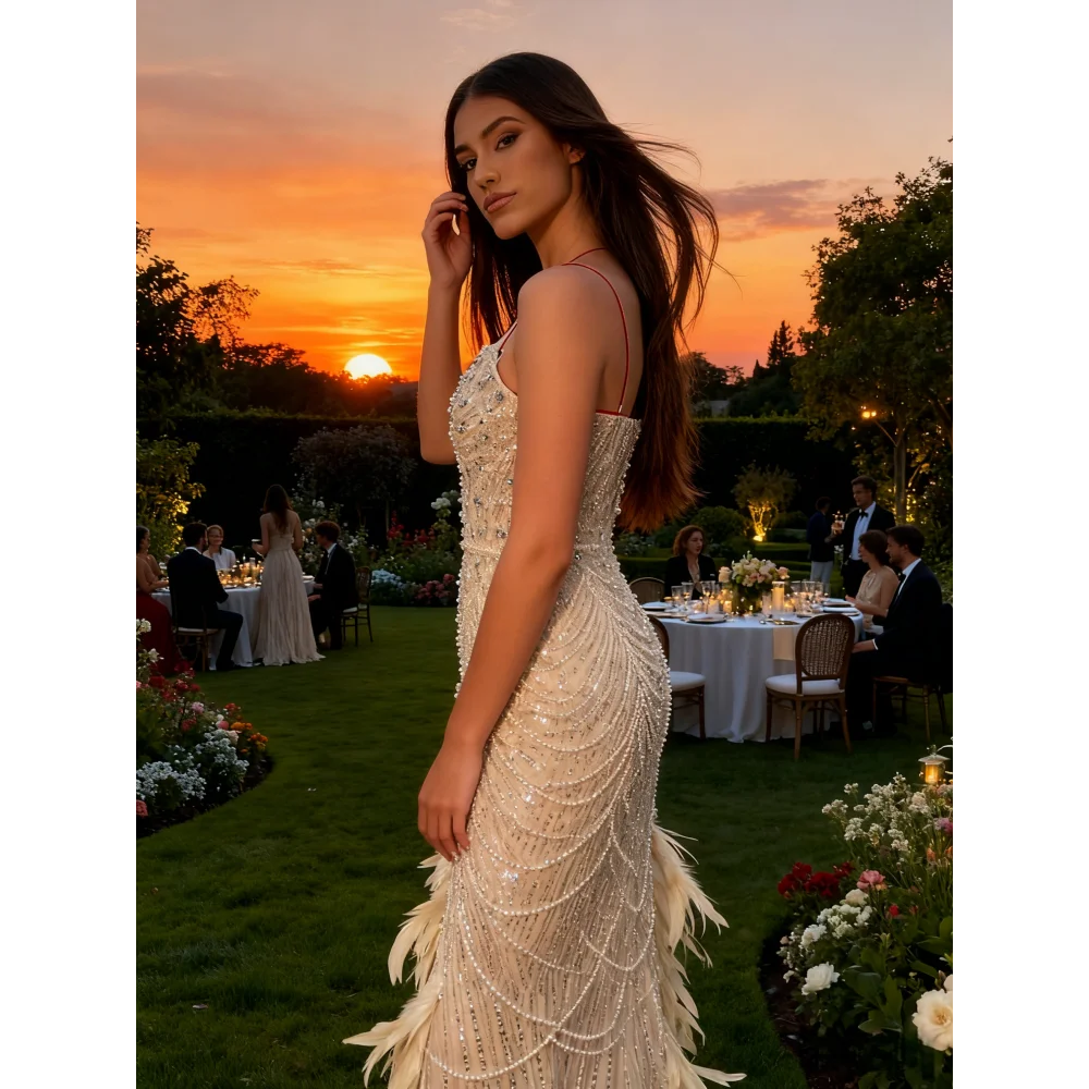 Vestido Sirena Marfil con Plumas