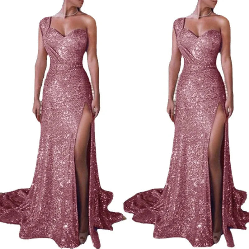 Vestido Rosa Asimétrico Brillante
