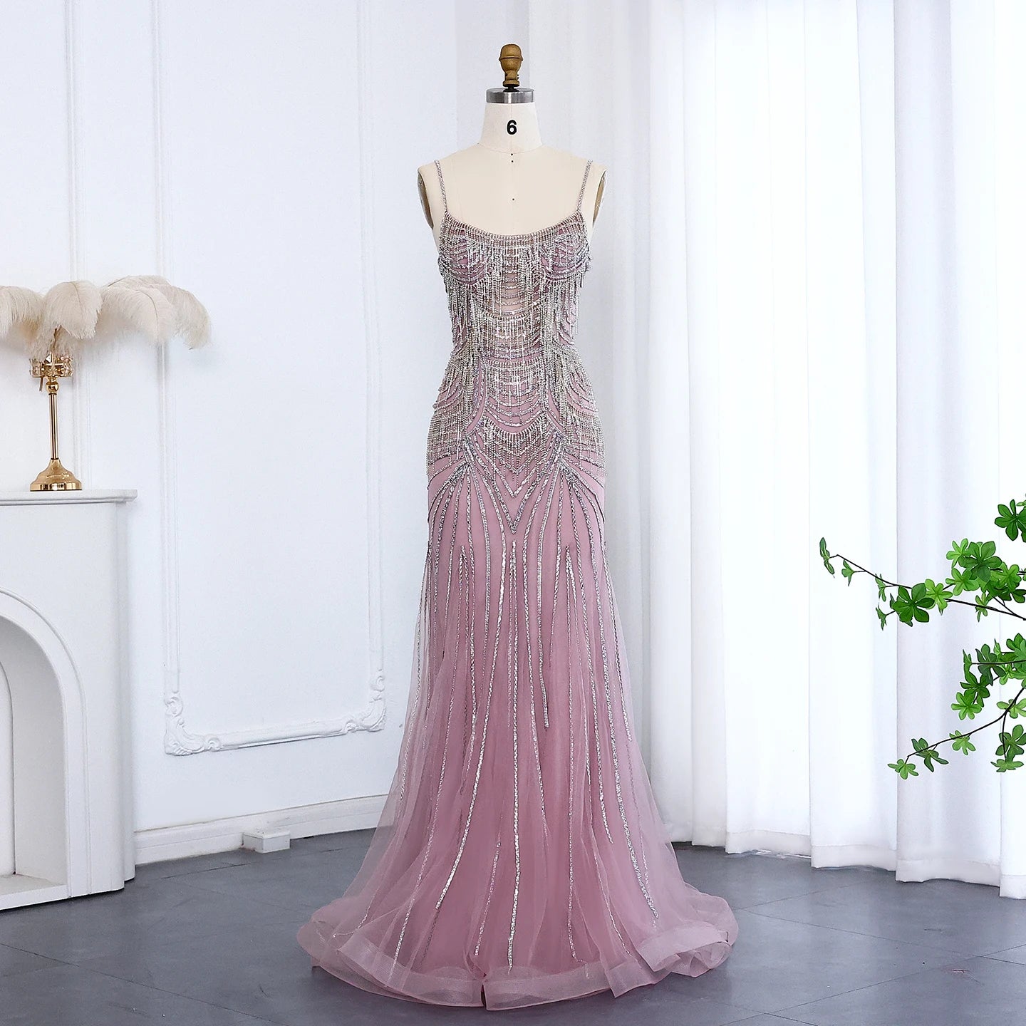 Vestido Sirena Champagne con Cristales