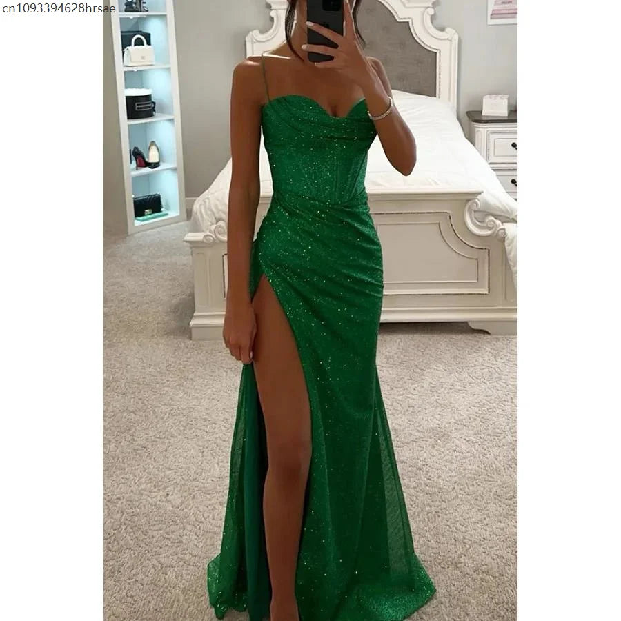 Vestido Gala Azul Brillante con Abertura