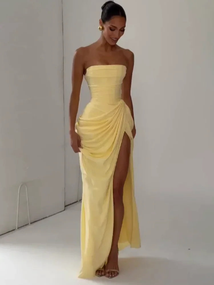 Vestido Gala Amarillo Strapless con Abertura