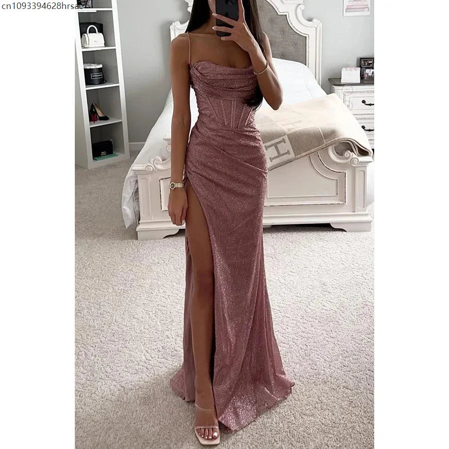 Vestido Gala Azul Brillante con Abertura