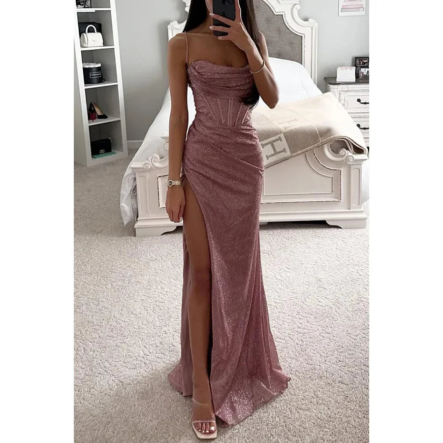Vestido Gala Azul Brillante con Abertura