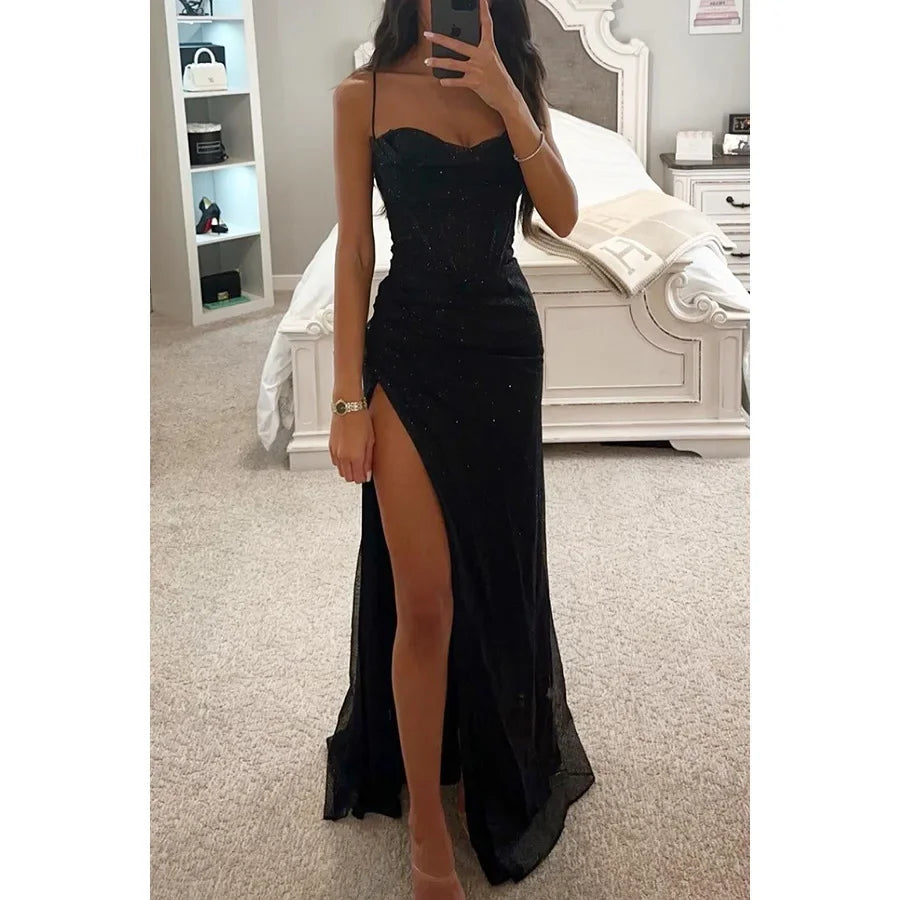 Vestido Gala Azul Brillante con Abertura