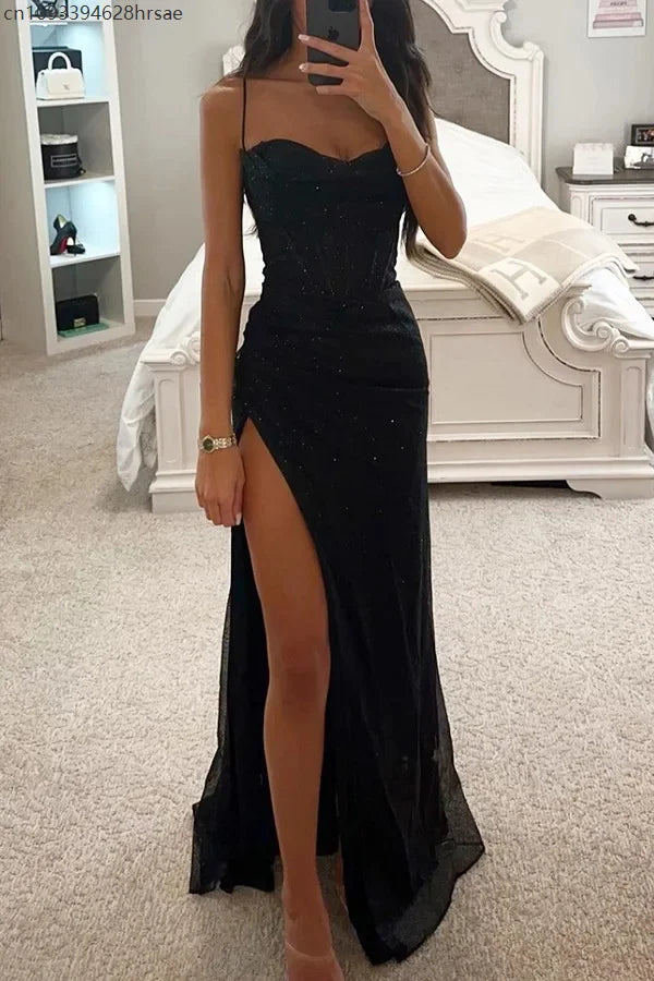 Vestido Gala Azul Brillante con Abertura