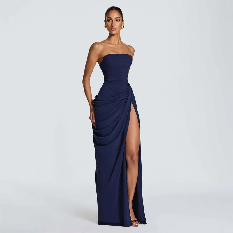 Vestido Gala Amarillo Strapless con Abertura