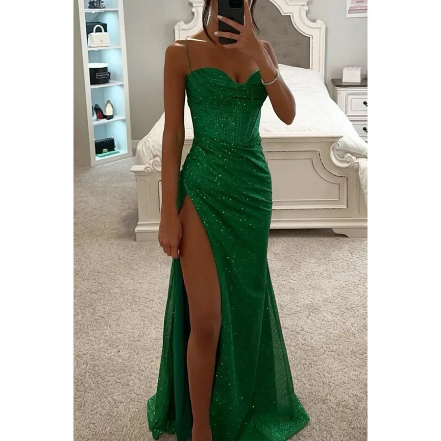 Vestido Gala Azul Brillante con Abertura
