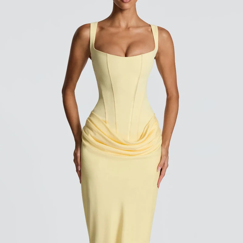 Vestido Gala Amarillo Strapless con Abertura
