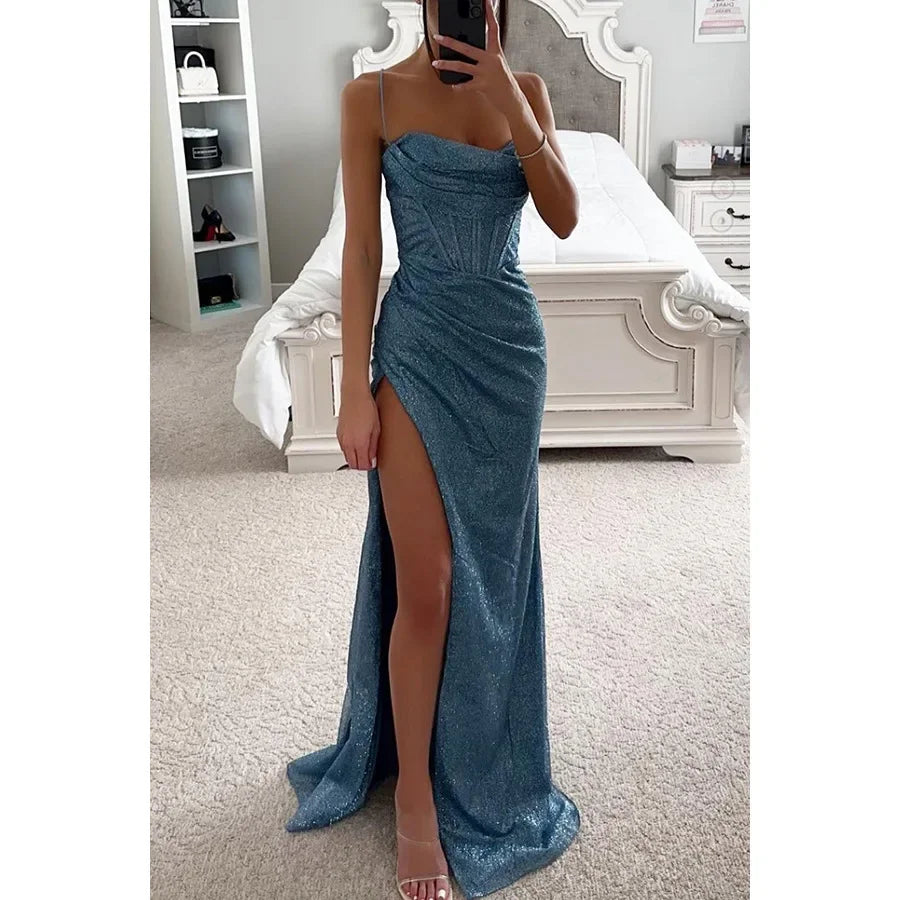 Vestido Gala Azul Brillante con Abertura