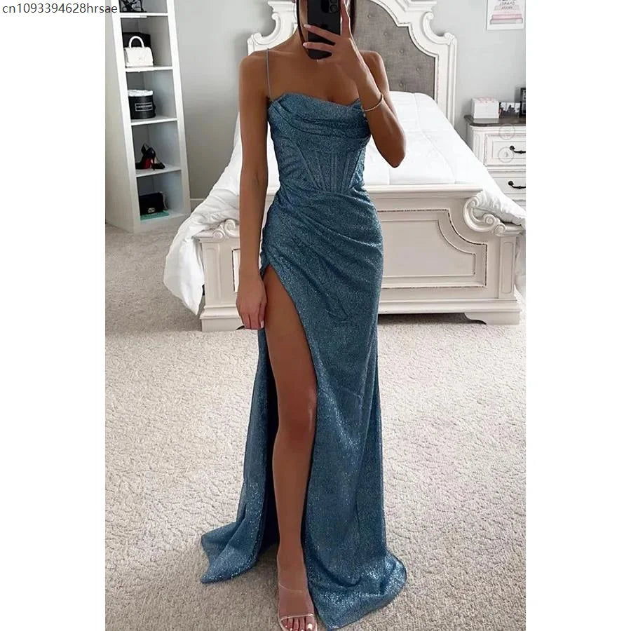 Vestido Gala Azul Brillante con Abertura