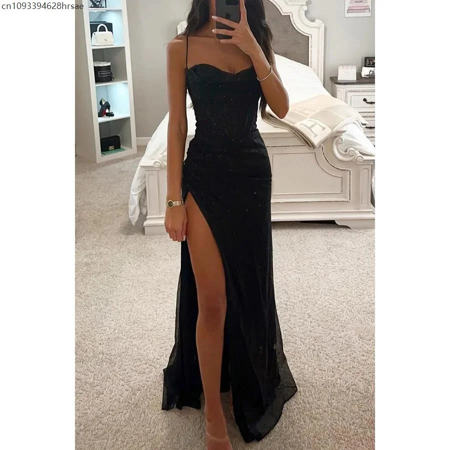Vestido Gala Azul Brillante con Abertura