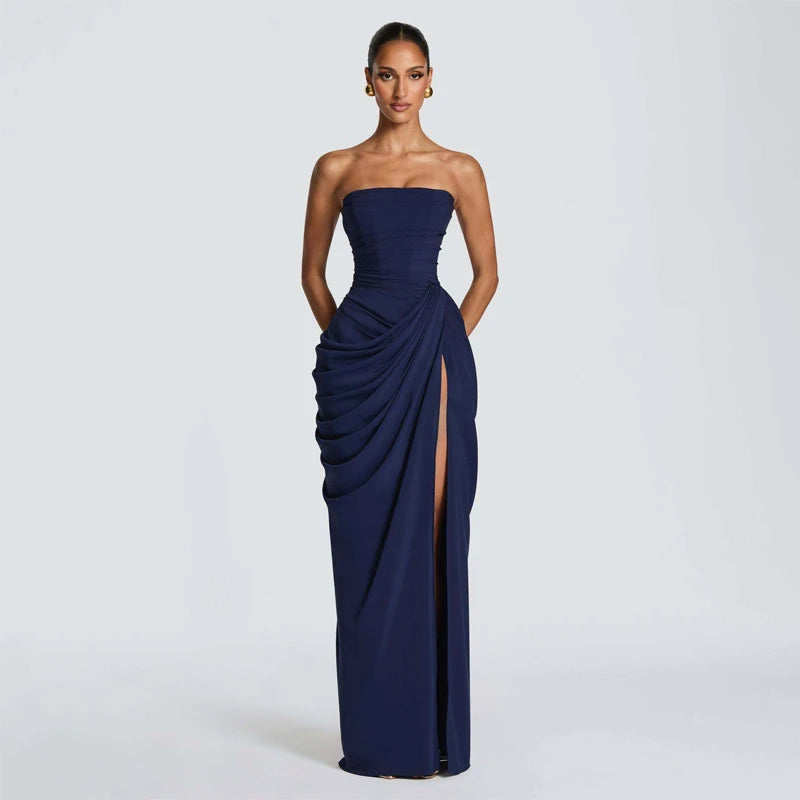 Vestido Gala Amarillo Strapless con Abertura