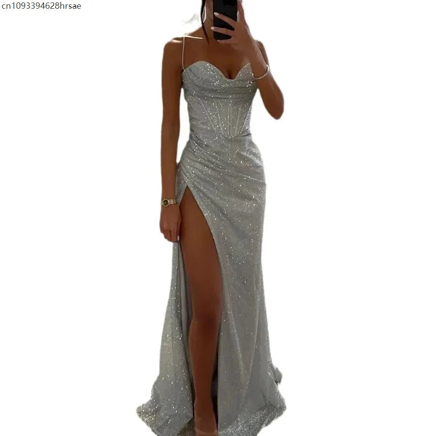 Vestido Gala Azul Brillante con Abertura