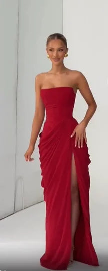 Vestido Gala Amarillo Strapless con Abertura
