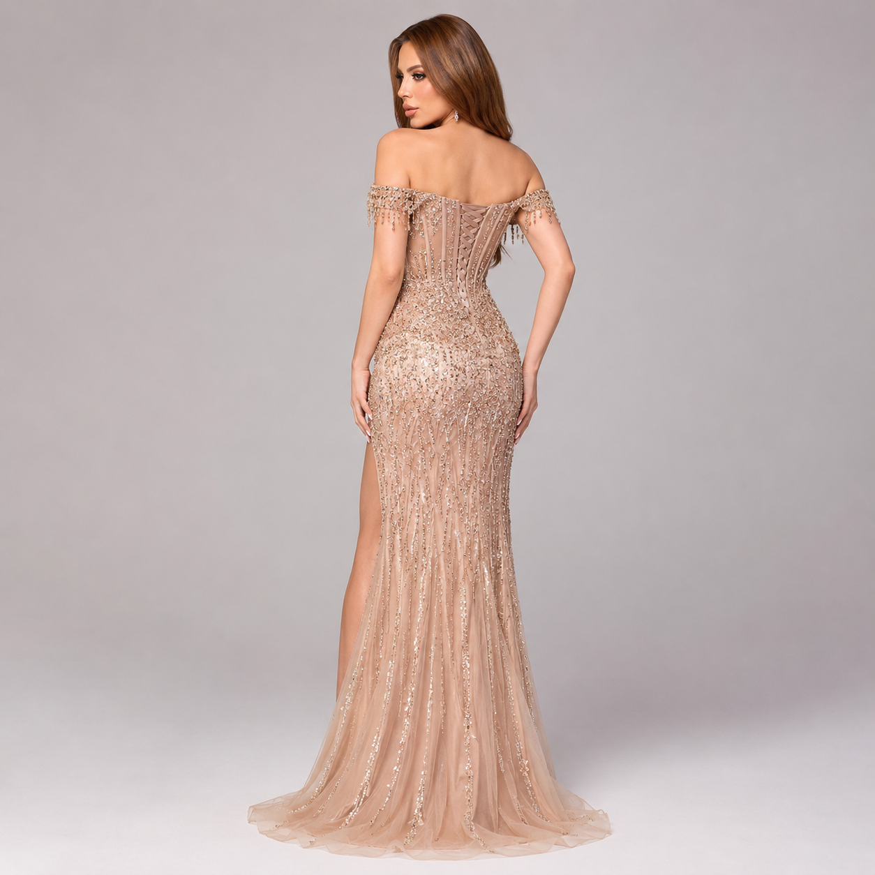 Vestido Gala Champagne con Cristales