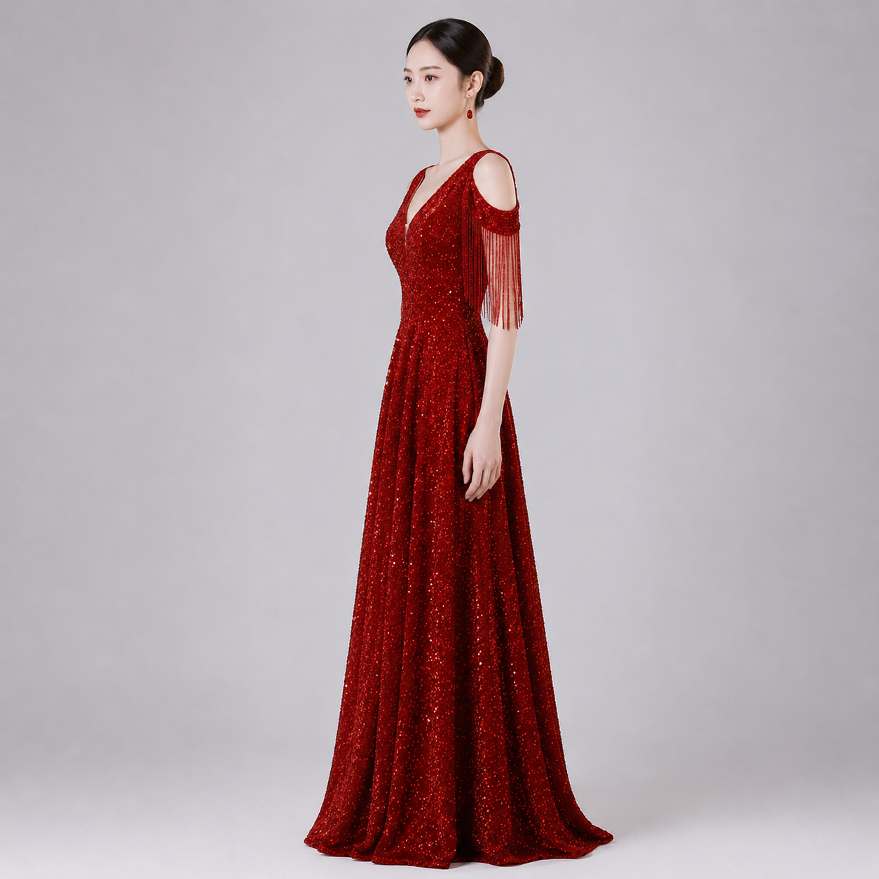 Vestido Gala Rojo con Flecos