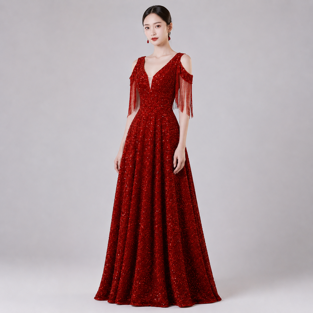 Vestido Gala Rojo con Flecos