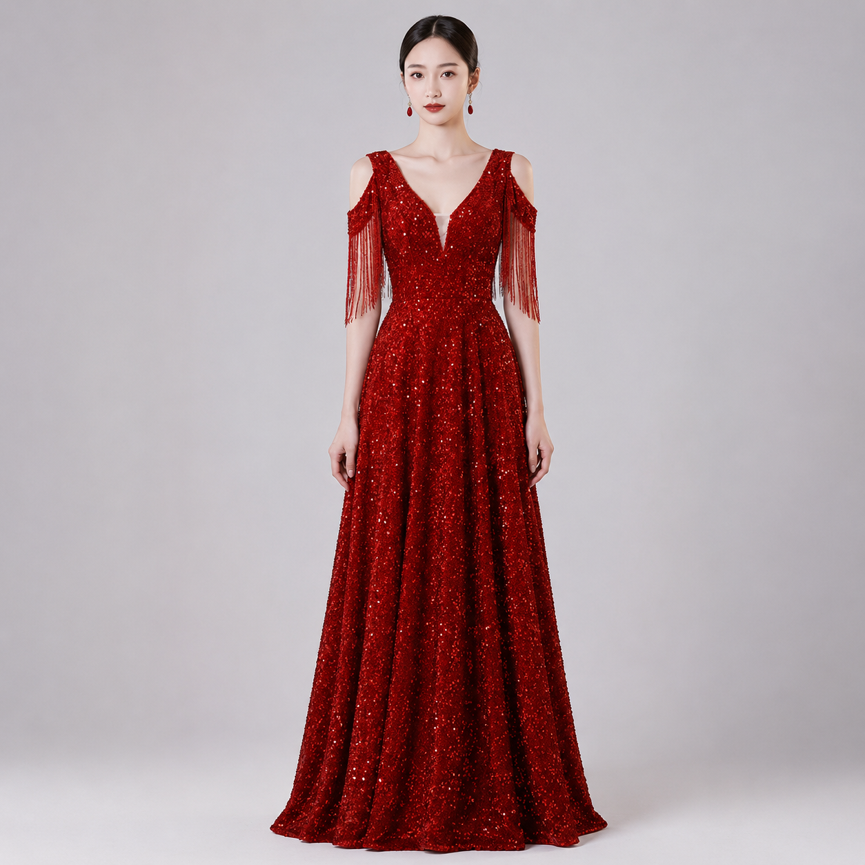 Vestido Gala Rojo con Flecos